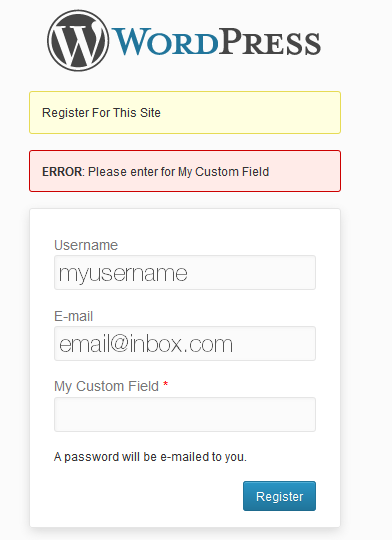 Wordpress add custom filed to registration form without plugins Error page